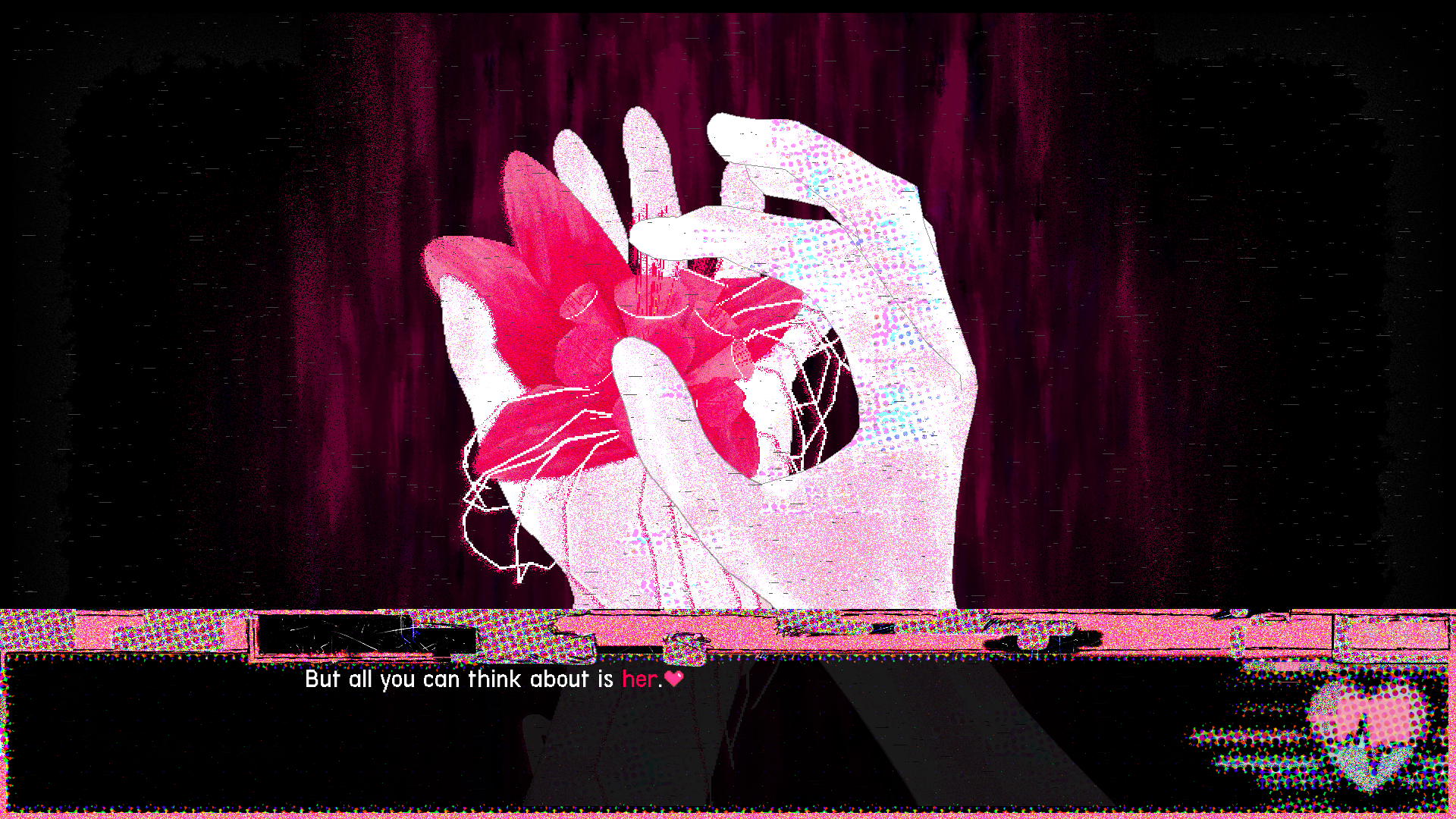 a girl holding a flower, a textbox quoting 'but all you can think about is her.'